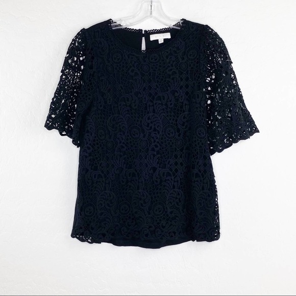 Anthro Eri + Ali Suzy Black Lace Overlay Crochet Tee Top Blouse Small - Picture 4 of 12
